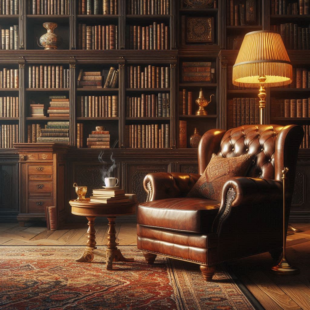 A warm, traditional home library with dark wooden shelves filled with books, a leather armchair, a vintage Persian rug, a small wooden side table with a steaming cup of tea, and golden floor lamp lighting the space softly.