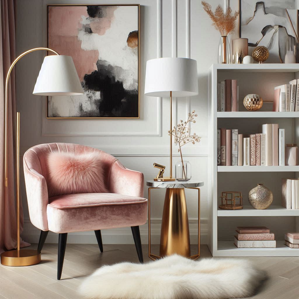 A chic, glam reading nook with a blush pink velvet chair, gold side table, a statement floor lamp with a marble base, white shelves color-coordinated with fashion and lifestyle books, a faux fur rug, and abstract art on the wall. The setting is elegant and polished, with pops of metallics.