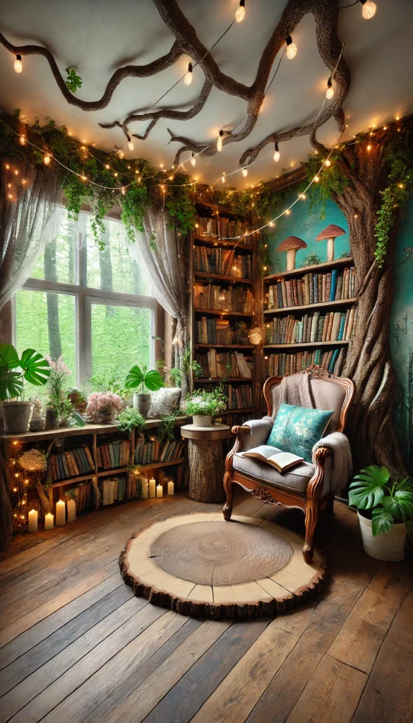 A whimsical book nook inspired by a forest theme, with a tree trunk bookshelf, vines hanging from the ceiling, and soft fairy lights twinkling in the background. A comfortable armchair sits near a window with a view of the forest, creating a magical and serene space perfect for reading. The nook is surrounded by lush green plants and cozy touches, bringing nature indoors.