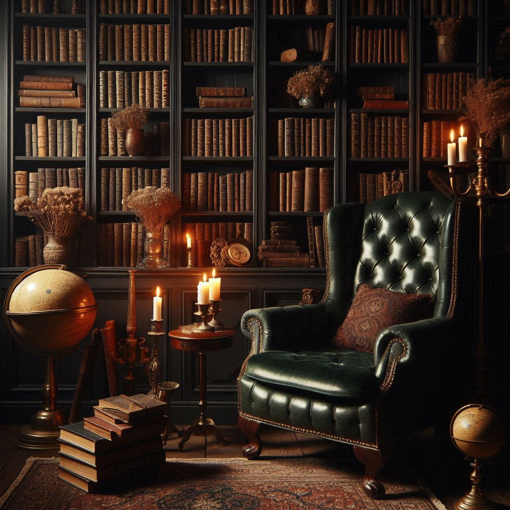 A moody, dark academia-inspired reading corner with dark wood bookshelves filled with old, leather-bound books, a tufted velvet armchair in deep green or burgundy, candlelight flickering on a brass holder, dried flowers in vintage vases, a globe, and an antique writing desk nearby. Rich shadows and warm amber tones set a contemplative mood.