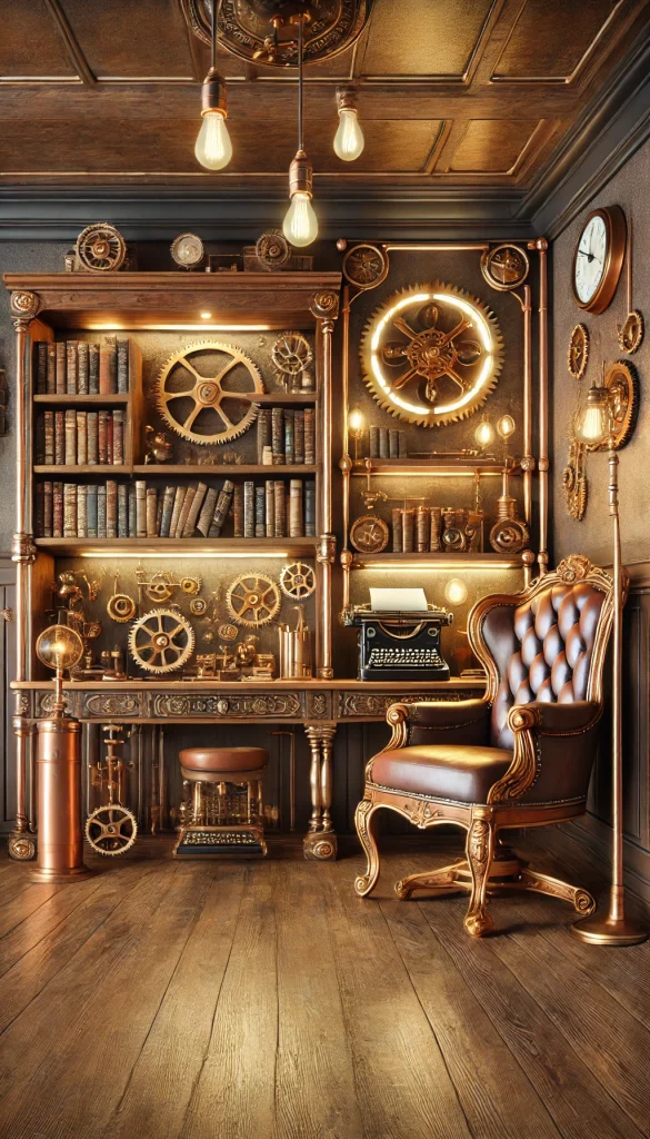 A steampunk-inspired book nook with vintage brass bookshelves, gears, and steam-powered machinery. The nook features an old-fashioned armchair with leather upholstery, a small desk with a typewriter, and a glowing lightbulb chandelier. The decor includes copper pipes, clockwork details, and rich brown tones, creating a whimsical and industrial reading space with a Victorian touch.