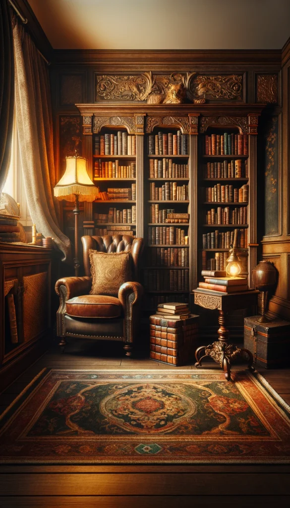 An enchanting book nook tucked into a corner, with vintage-style wooden bookshelves filled with leather-bound books. A warm, golden light from a vintage lamp illuminates the nook, highlighting a velvet armchair, an antique rug, and a small, ornate coffee table. A cozy, inviting atmosphere for a literary escape with elements of old-world charm.