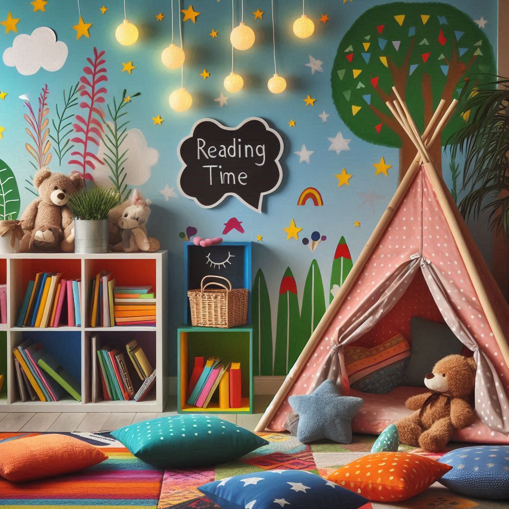 A vibrant, playful kids’ reading nook with a small tent or teepee, colorful floor cushions, shelves filled with picture books, fairy lights shaped like stars, stuffed animals, a chalkboard sign that says “Reading Time,” and a whimsical mural on the wall with trees and clouds.