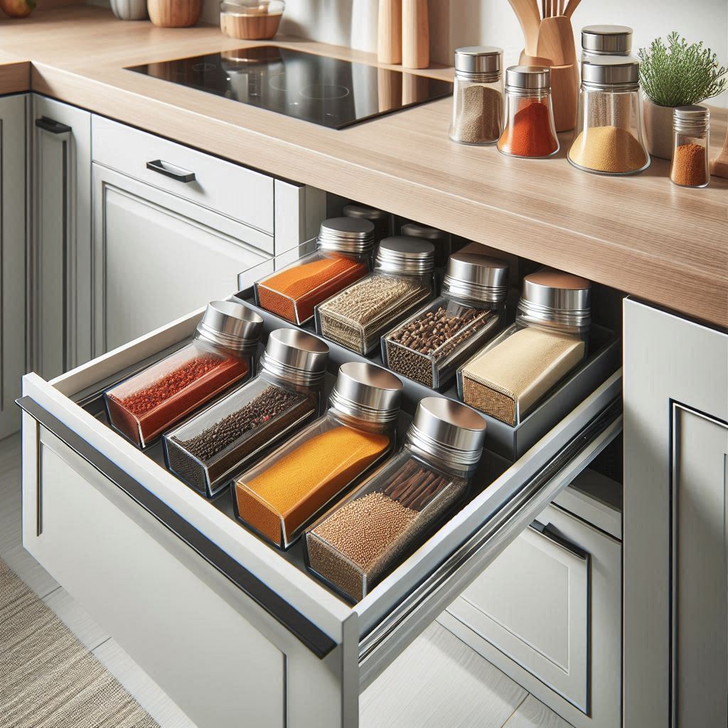 A hidden pull-out spice shelf inside a kitchen cabinet, spices arranged in sleek acrylic containers with top labels, soft-close sliding mechanism, smart storage in a modern apartment kitchen