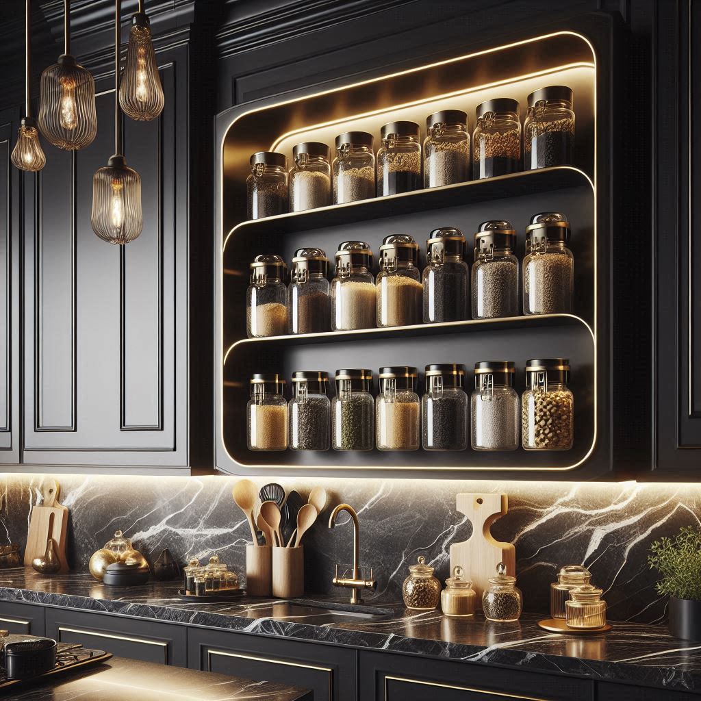 A dramatic black wall-mounted spice rack with gold-trimmed glass jars, modern lighting, marble countertops, and a touch of glam in a high-end luxury kitchen setting