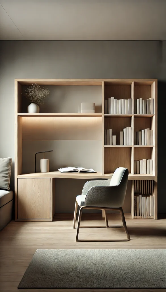 A modern, minimalist book nook design, with a sleek desk, floating shelves, and a comfortable armchair. The shelves are neatly arranged with books, and there's a soft, ambient light casting a gentle glow on the space. The nook features natural wood tones and neutral colors, creating a calm and organized atmosphere perfect for reading and studying.