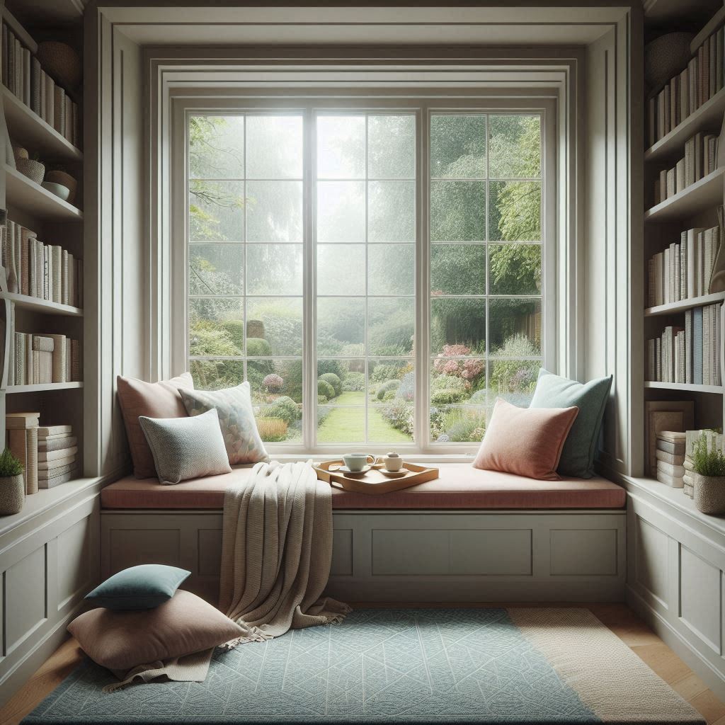 A built-in window seat with floor-to-ceiling bookshelves on either side, a cushioned bench with soft pastel pillows, a warm throw blanket, a steaming cup of tea on a tray, and a view of a peaceful garden outside the window. Light streams in, creating a calm, dreamy mood.