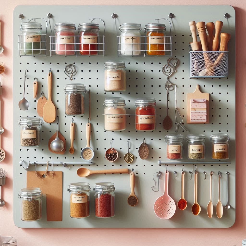 A wall-mounted pegboard painted in soft pastel colors, with spice jars hanging in small wire baskets, labeled tins, tiny shelves for spice mixes, and hooks for measuring spoons, organized and creative cooking zone