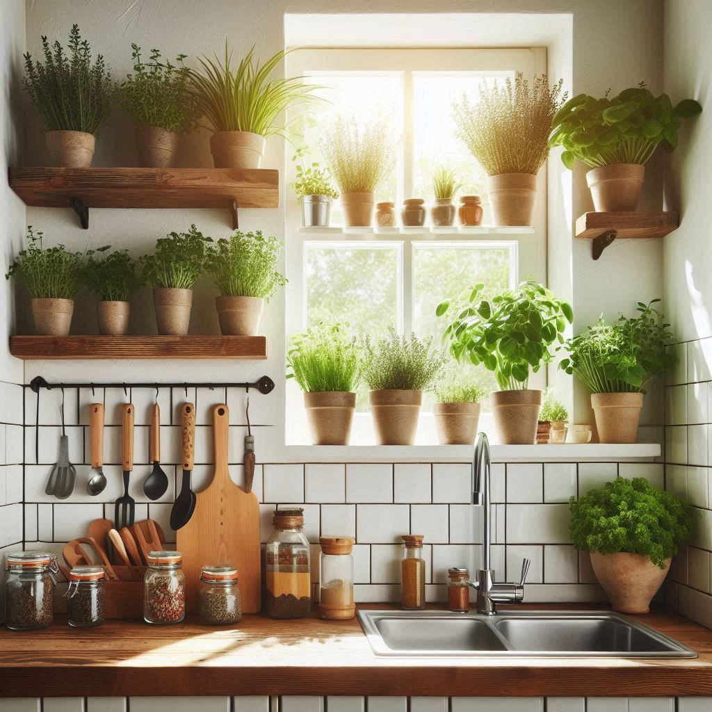 A narrow window shelf above a kitchen sink holding potted herbs and a neat line of spice jars, sunlight streaming through, fresh and airy coastal kitchen vibe