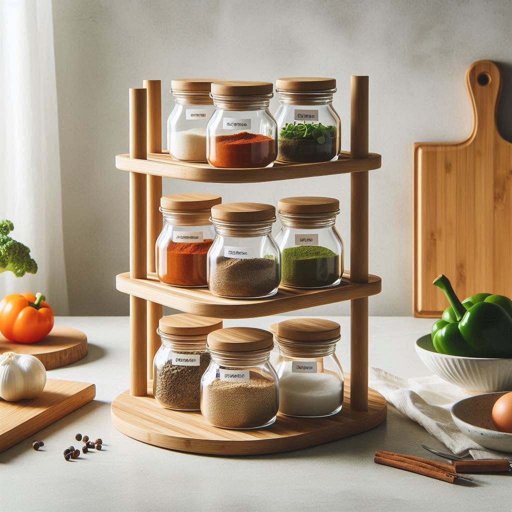 A tiered bamboo spice rack organizer sitting on a white quartz countertop, holding uniform glass jars labeled with minimalist font, next to a wooden cutting board and a bowl of fresh vegetables