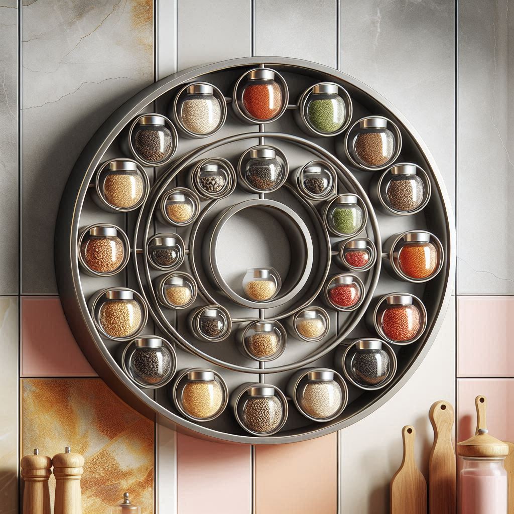 A circular wall-mounted spice rack made of brushed metal with evenly spaced spice jars in concentric rings, modern abstract kitchen backdrop with colorful backsplash and clean lines
