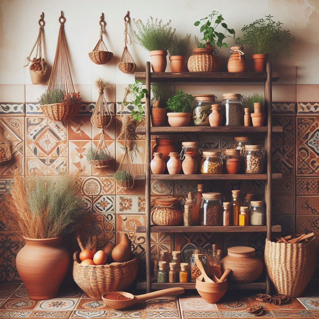 A leaning ladder shelf repurposed as a spice rack, decorated with woven baskets, terracotta jars, and hanging herbs, earthy tones and boho-chic interior with patterned tiles