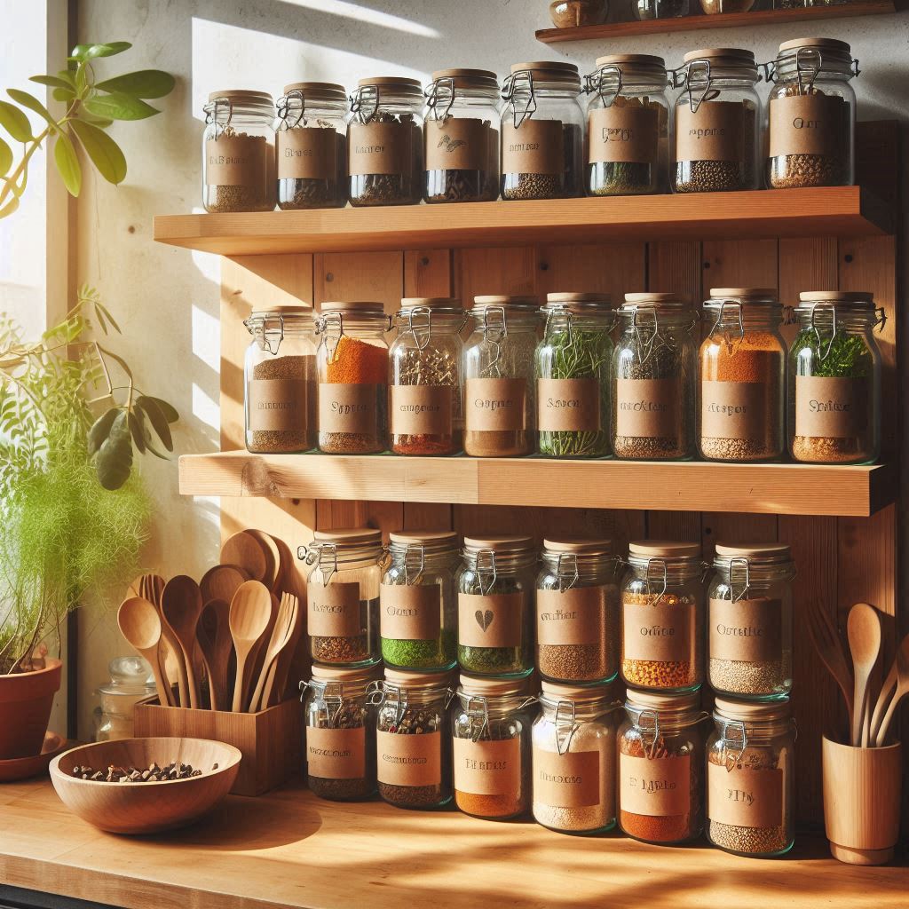 A DIY spice rack made entirely of upcycled glass jars with custom kraft paper labels, displayed on open wooden shelves in a sustainable, eco-conscious kitchen, sunlight filtering in through plants