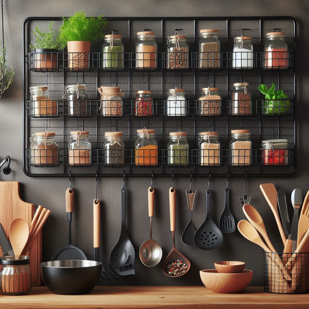 A stylish black wall grid organizer used as a spice rack, small hanging wire baskets holding spice jars, kitchen tools, and herbs, modern boho kitchen style with wood and metal mix