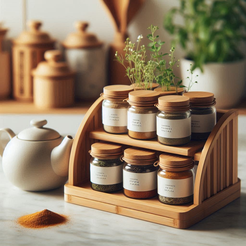 A small zen-style bamboo spice rack on a marble kitchen island, each spice in matching jars with clean white labels and minimalist typography, surrounded by fresh herbs and a teapot, calm and peaceful vibe