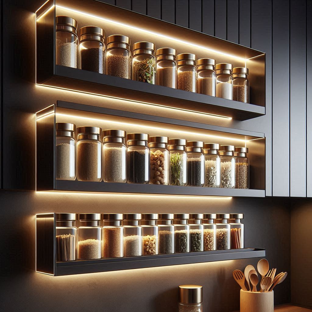 Modern floating spice shelves with built-in soft LED backlighting, showcasing elegant glass spice containers with gold lids, dark backsplash and clean modern kitchen design, warm ambient glow