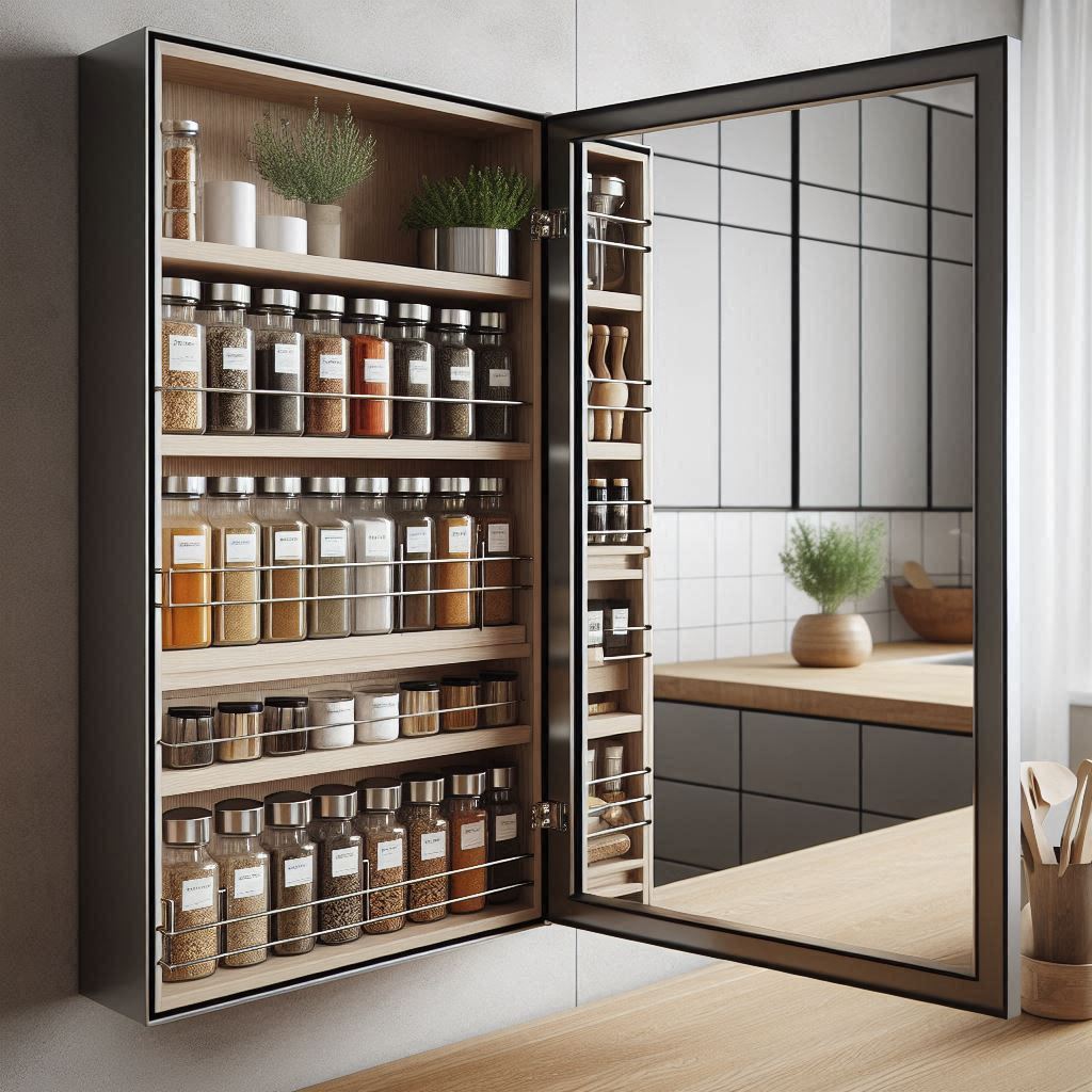 A sleek hidden spice cabinet behind a wall-mounted mirror in a minimalist kitchen, opened to reveal organized spice containers on metal shelves, smart storage for small apartments