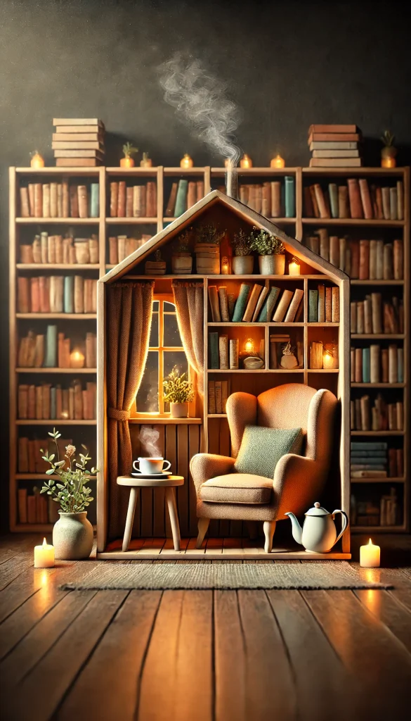 A cozy, whimsical book nook scene, featuring a small reading nook nestled between bookshelves. The nook is filled with warm, soft lighting, a plush armchair, and a small side table with a steaming cup of tea. The background includes shelves filled with books and potted plants. The scene is perfect for a peaceful reading experience, showcasing a blend of comfort and creativity.