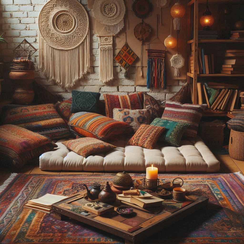 A relaxed bohemian-style reading nook with layered Moroccan rugs, a floor mattress with colorful cushions, macrame wall hangings, a low wooden table with incense and tea, eclectic book piles, lanterns casting warm amber light, and textured throw blankets. Earth tones and jewel tones mix for a cozy, creative vibe.