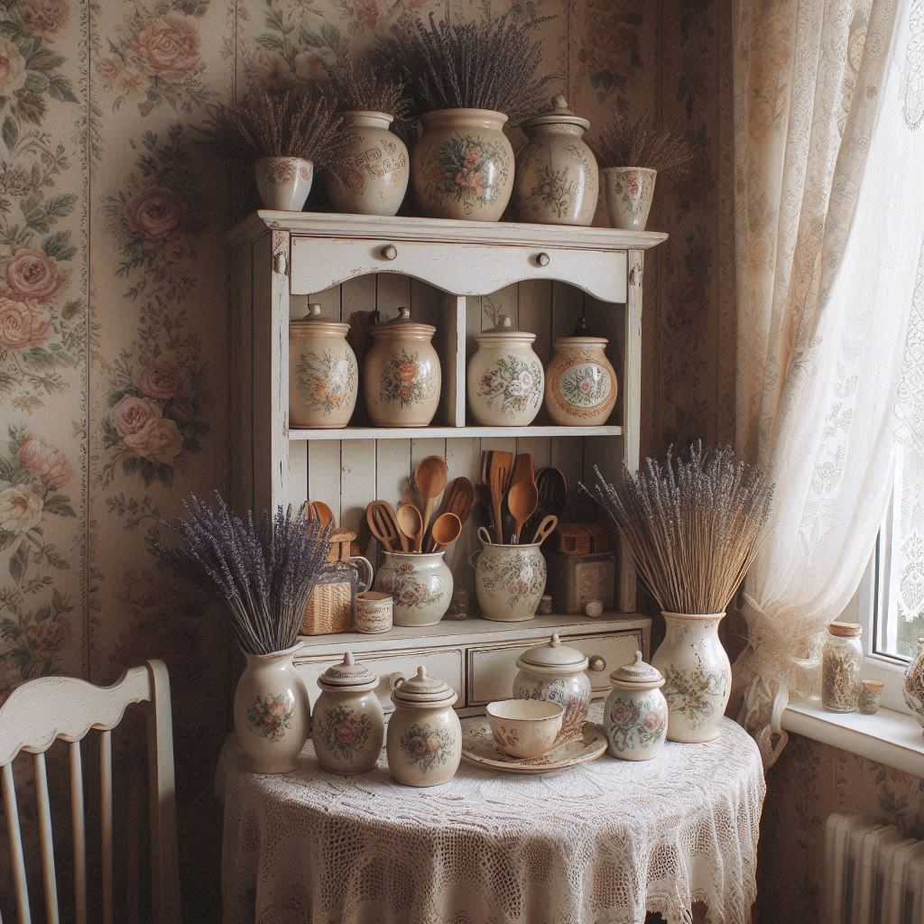 A dreamy cottagecore-style kitchen corner with a vintage hutch turned spice rack, floral wallpaper backdrop, dainty ceramic jars with hand-painted labels, dried lavender and lace curtains