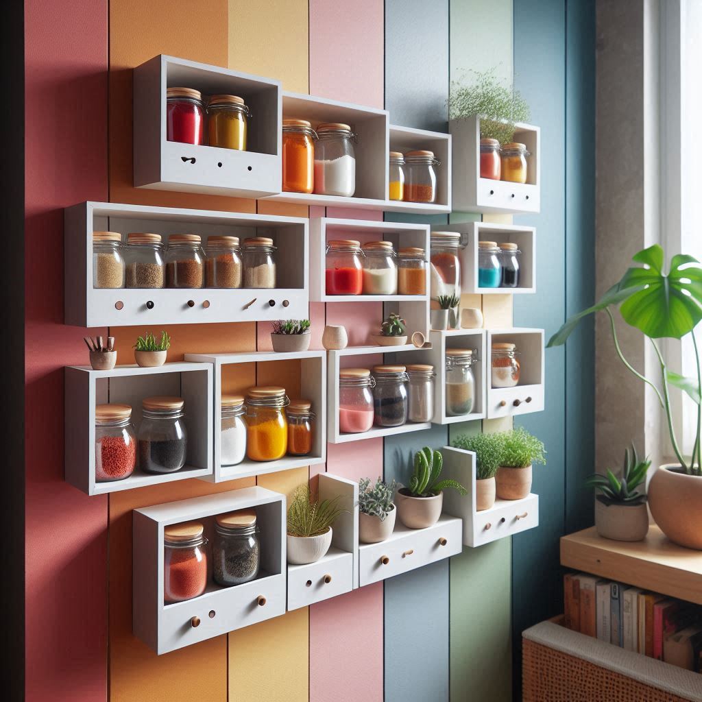 A creative spice rack made using repurposed IKEA BEKVÄM spice shelves painted white, mounted on a colorful accent wall, holding uniform jars and a few tiny planters, perfect for renters and small apartments
