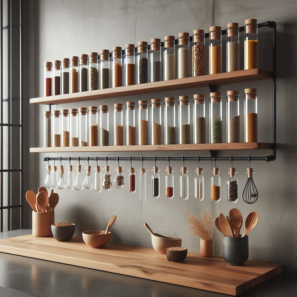 A modern kitchen open shelf displaying spices stored in hanging glass test tubes with cork tops, arranged in rows on a wooden rail, sleek concrete countertop, industrial-chic aesthetic