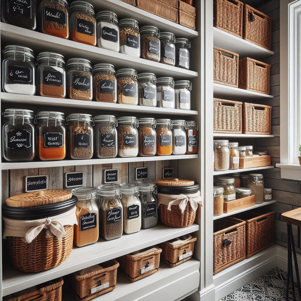 A beautifully organized pantry with a built-in spice rack on the back of the door, uniform glass jars with black chalkboard labels and white handwritten names, surrounded by wicker baskets and labeled containers, cozy farmhouse pantry style