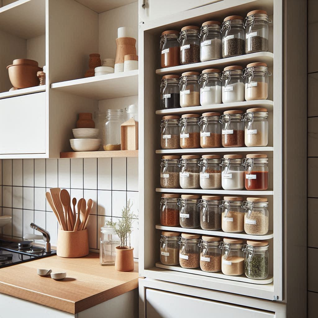 A compact vertical spice rack attached to the inside of a cabinet door, slim glass jars with minimalist white labels, small urban kitchen with smart space-saving storage ideas