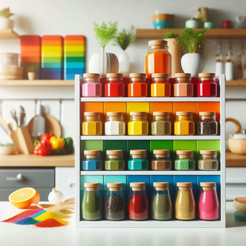 A vibrant, rainbow-colored spice rack where spices are arranged by color, set on a white open shelf, with modern kitchen elements in the background, bright and cheerful aesthetic