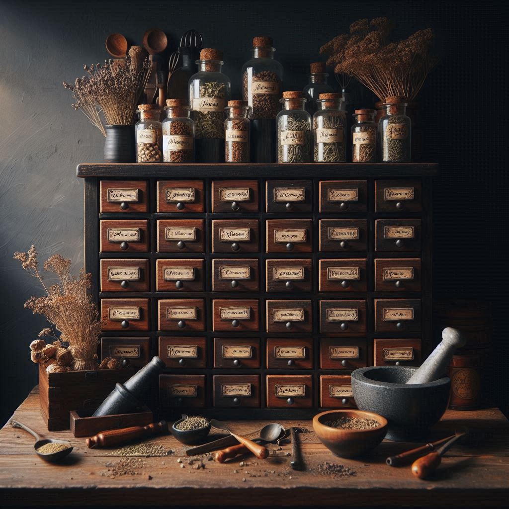 A vintage apothecary-style spice cabinet with small labeled drawers and jars, dark wood finish, surrounded by dried herbs, mortar and pestle, and antique kitchen tools, moody lighting for a cozy vibe