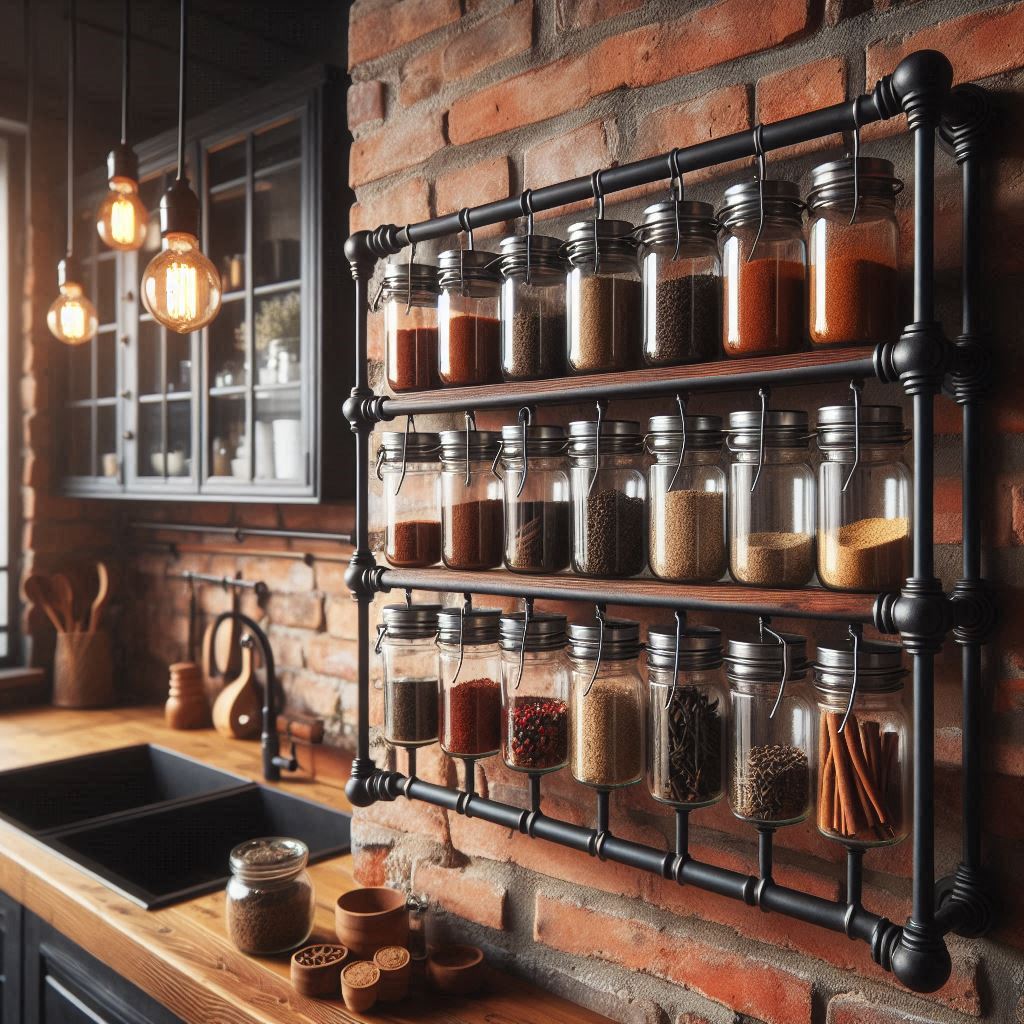 An industrial-style spice rack made with black iron pipes and wooden planks, glass spice jars with metal lids, mounted on a brick kitchen wall with Edison bulbs and a loft-style kitchen setting