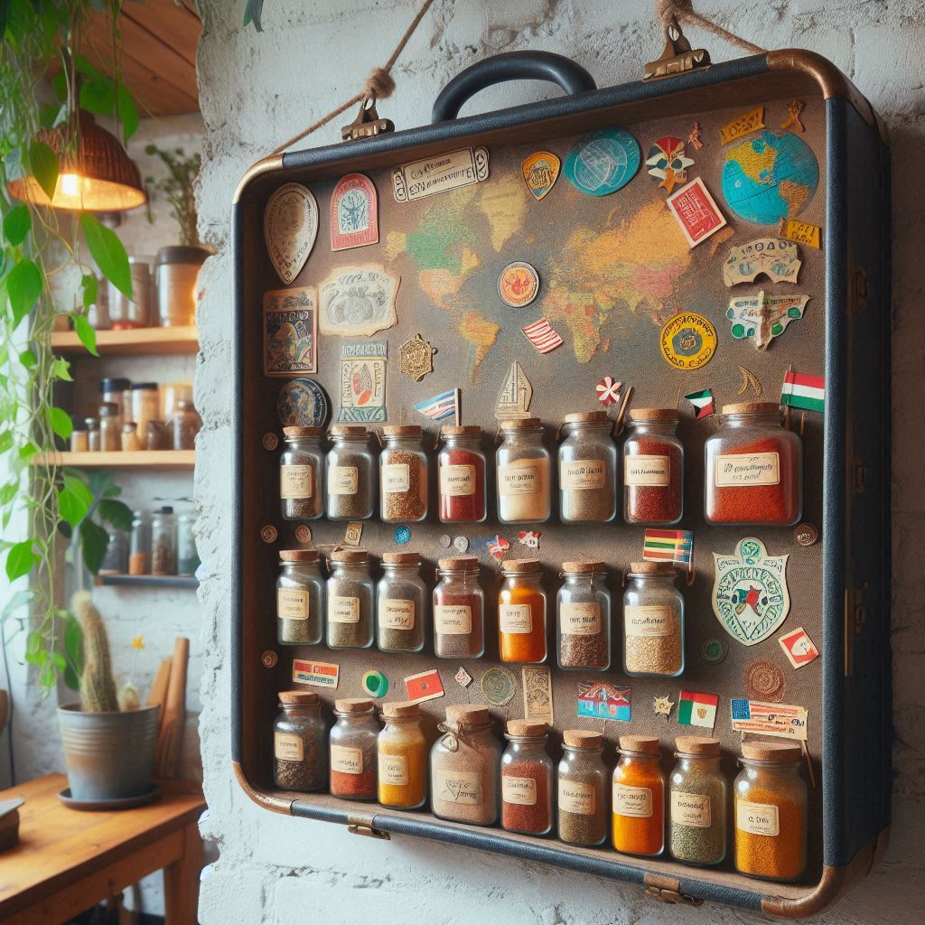 A hanging spice rack made from a vintage suitcase lid, mounted on the wall, filled with exotic spices from around the world in small labeled vials, travel stickers and tiny flags decorating the shelf