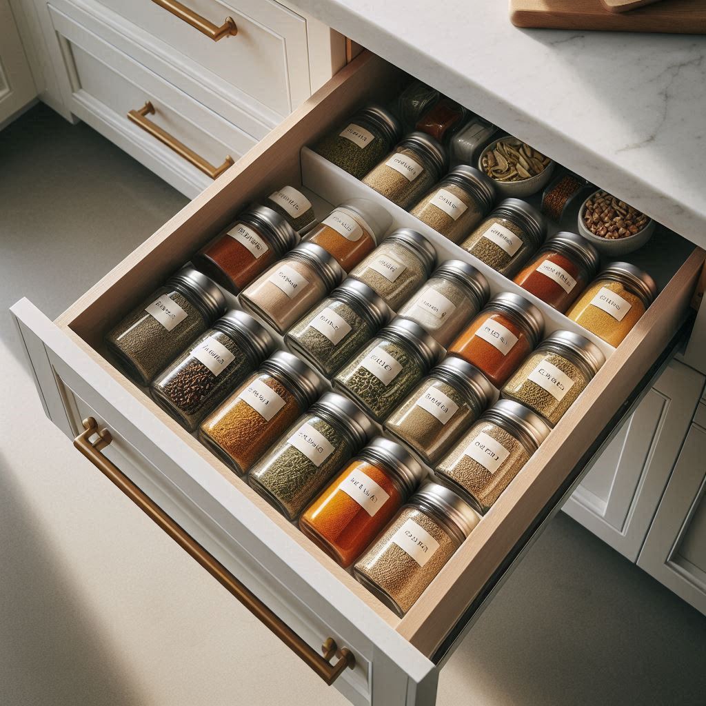 An overhead shot of a pull-out kitchen drawer neatly organized with spice jars lying flat, labeled on the tops, inside a white modern kitchen cabinet with gold hardware, soft natural lighting