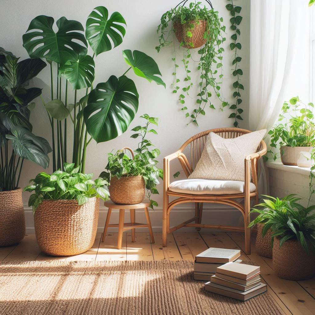 A reading corner surrounded by lush green indoor plants — monstera, fiddle leaf fig, and trailing ivy — with a bamboo chair, soft white cushions, a jute rug, and a woven basket full of books. Natural sunlight pours in, and the space feels fresh, vibrant, and serene.