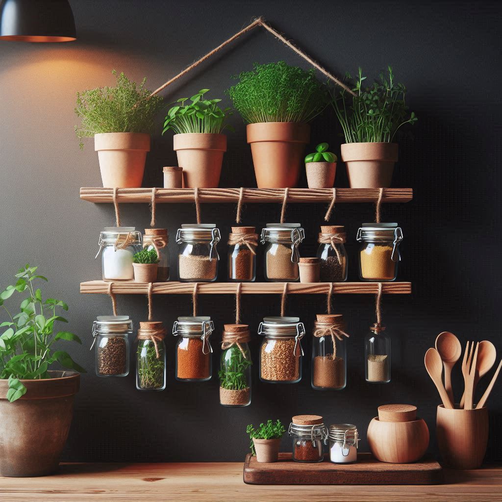 A handmade DIY floating spice rack with tiny potted herbs on the top shelf, glass spice jars with cork lids, hanging on a matte black wall, rustic-modern fusion kitchen style