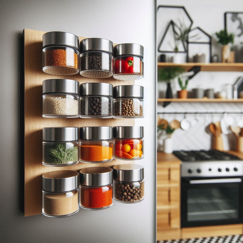 A modern magnetic spice rack attached to a stainless steel refrigerator, small round magnetic tins with clear lids showing vibrant spices, minimalist kitchen background with black and white decor