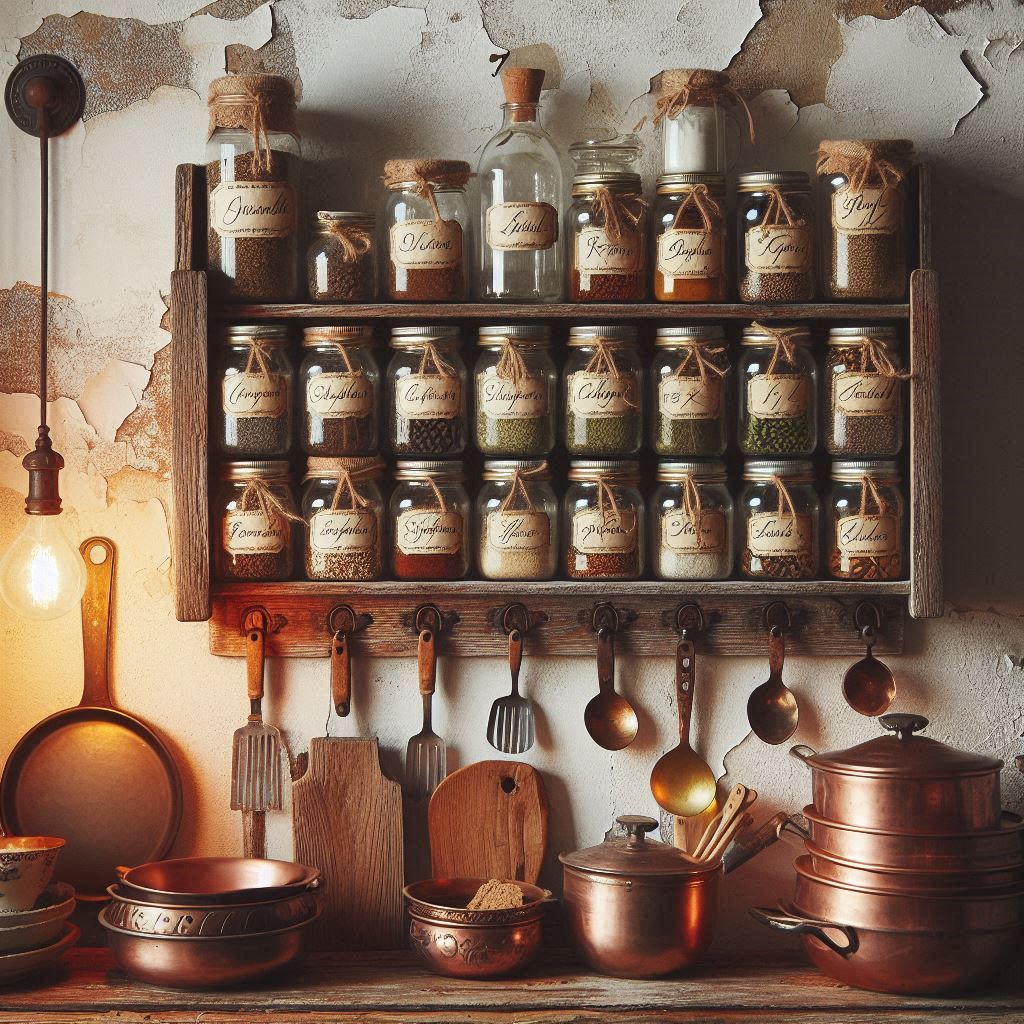 A rustic farmhouse-style spice rack made of reclaimed wood, mason jars with handwritten labels, set against a distressed white wall, vintage kitchen accents like copper pans and ceramic bowls, warm cozy lighting