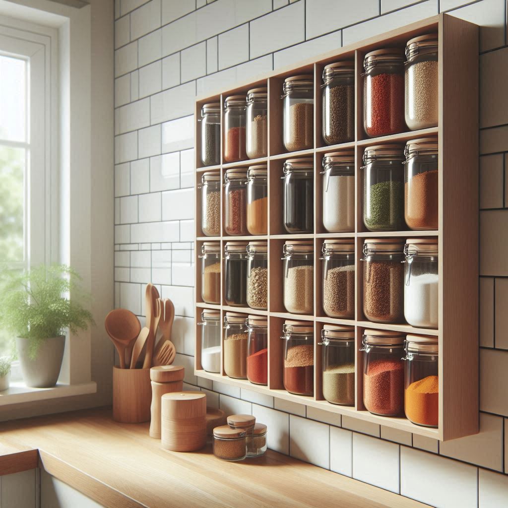 A sleek, wall-mounted wooden spice rack in a minimalist kitchen with white subway tiles, neatly labeled glass jars filled with colorful spices, natural light coming through a nearby window, neutral tones and Scandinavian decor style