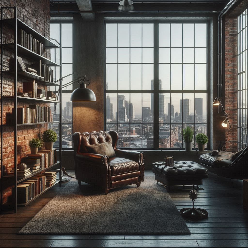A stylish reading nook in an urban loft apartment, with exposed brick walls, a dark leather armchair, a tall industrial-style bookshelf, a vintage floor lamp, and large windows showing a cityscape view. Moody lighting, rich textures, and an overall modern but cozy vibe.