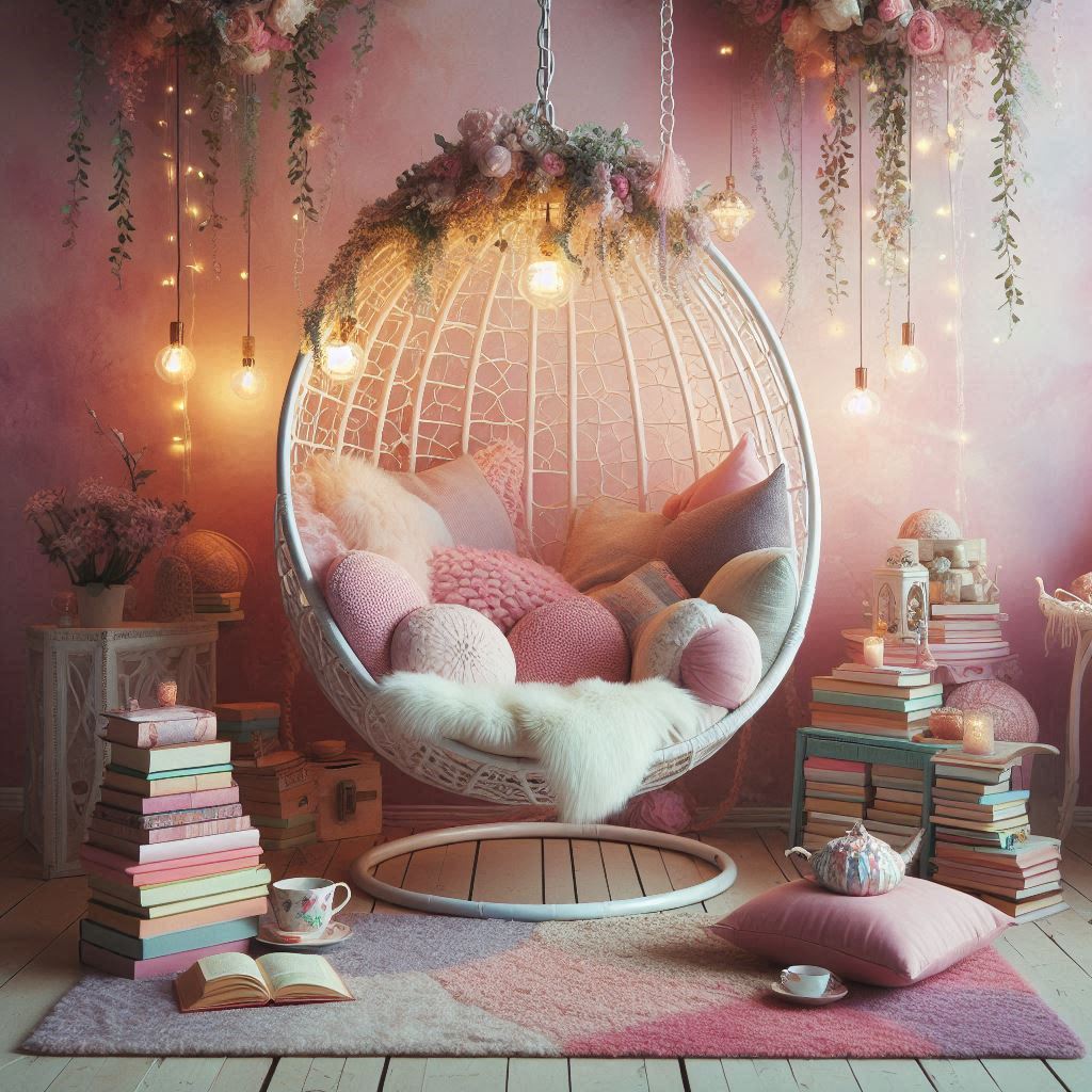 A dreamy, whimsical reading corner inspired by fairy tales, with a hanging egg chair filled with fluffy pillows, twinkling string lights, pastel-colored rugs, stacks of colorful books, hanging vines, an open book with glowing pages, and a small tea set on the side. Soft pink and lavender hues dominate the scene.