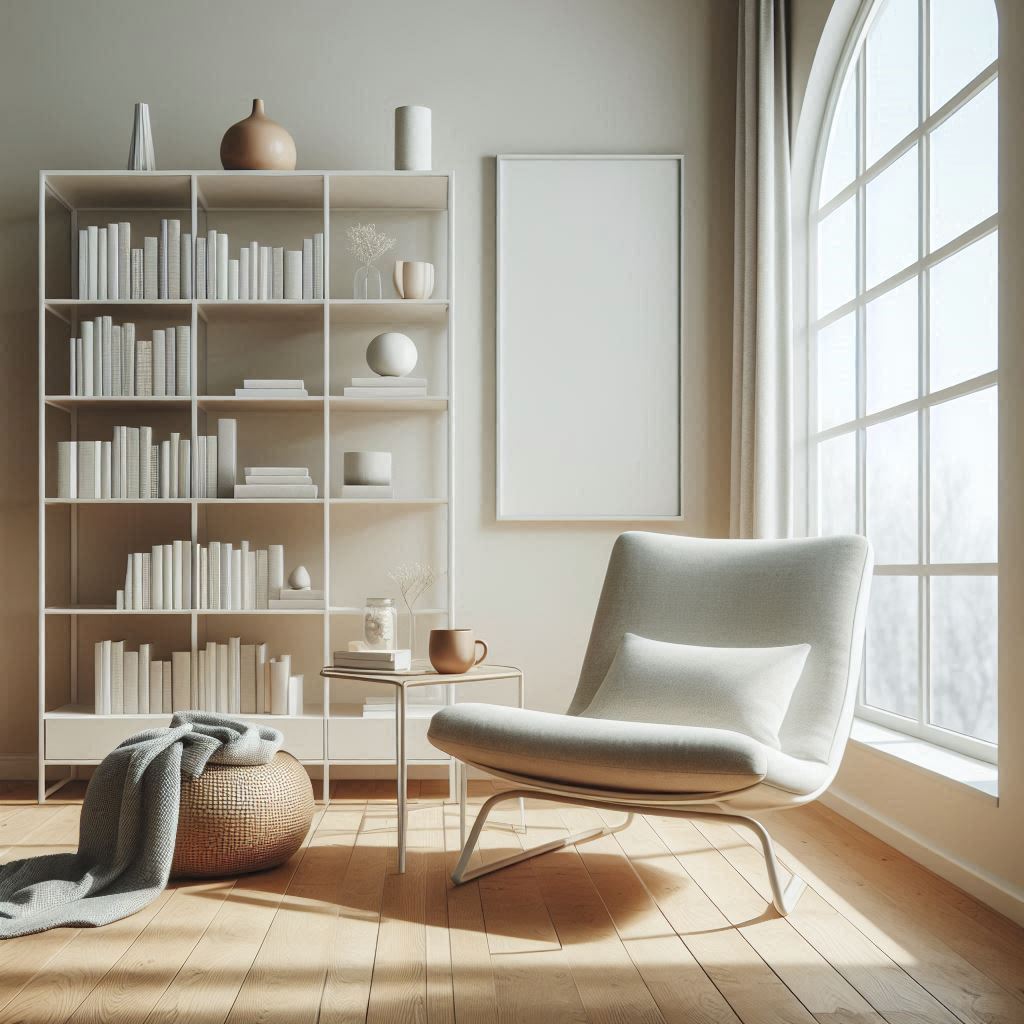 A minimalist Scandinavian reading nook with a sleek lounge chair in neutral beige tones, light wooden flooring, a tall white bookshelf with neatly arranged books, a small round side table with a ceramic mug and a candle, soft natural daylight streaming through large windows, and a cozy gray throw. The space is clean, airy, and modern.