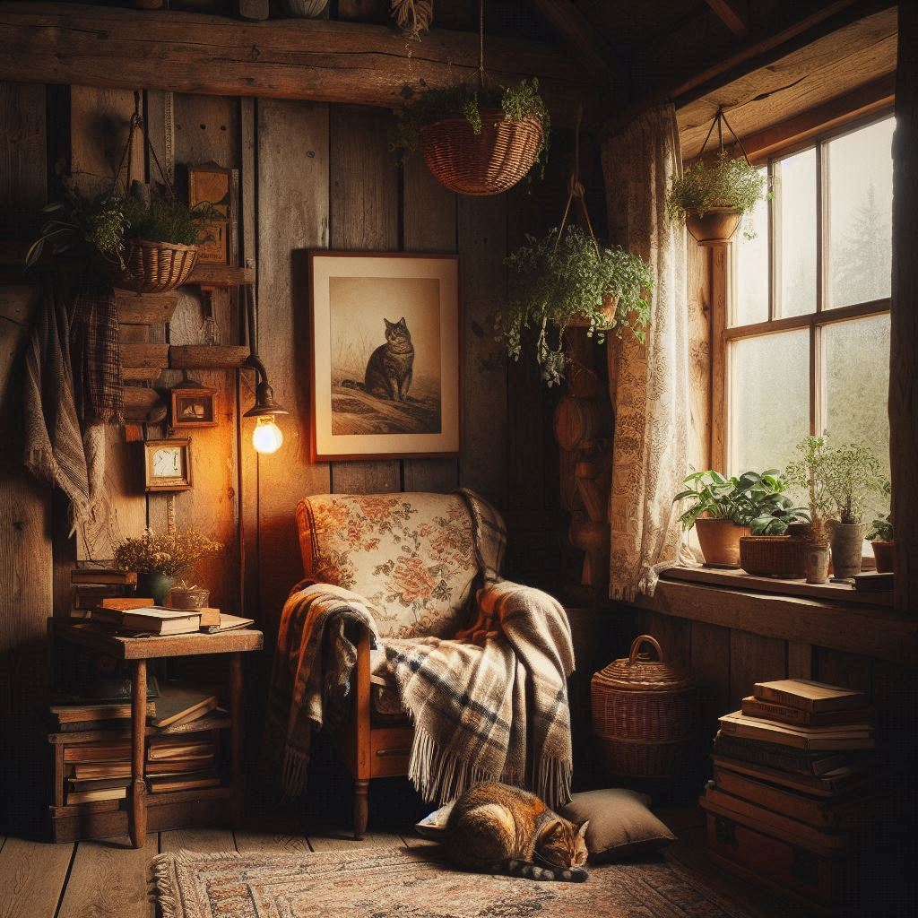 A cozy reading corner in a rustic cottage, surrounded by wooden walls and beams, a plush armchair with floral upholstery, a warm plaid blanket draped over the side, a small stack of vintage books, soft golden lamp light, potted plants hanging from the ceiling, and a cat curled up by a window with sheer curtains. The atmosphere is serene and nostalgic, with muted earthy tones.