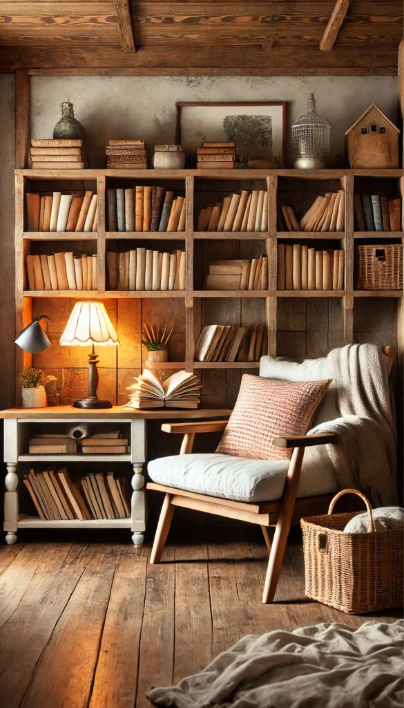 A cozy farmhouse-inspired book nook with rustic wooden shelves, a comfy armchair, and a vintage desk lamp. The nook is filled with soft, warm lighting, a few colorful throw pillows, and a woven basket for blankets. The space has a country-chic vibe, with simple decor and a peaceful, homey atmosphere perfect for a relaxing reading experience.