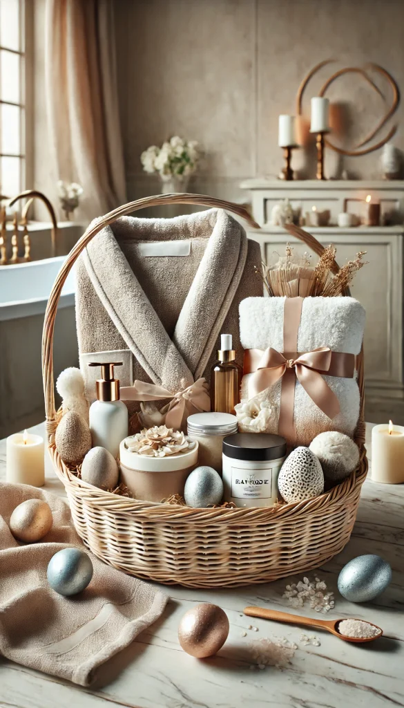 A stylish adult Easter basket filled with an assortment of luxury bath products, including a bathrobe, bath salts, essential oils, and a few decorative Easter eggs. The basket is arranged with neutral colors and soft textures, creating a soothing and elegant aesthetic. The setting is a spa-inspired bathroom with soft, ambient lighting.