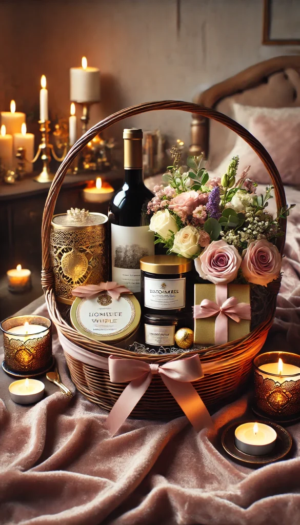 A romantic adult Easter basket featuring a selection of luxury candles, a bottle of fine wine, a box of gourmet chocolates, and a small bouquet of fresh flowers. The basket is lined with soft velvet fabric, and the items are elegantly arranged. The setting is a cozy, intimate space with soft lighting and a romantic ambiance.