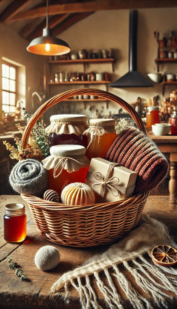 A rustic adult Easter basket filled with artisanal jams, honey, handmade soaps, and a cozy wool scarf. The basket is arranged with a warm, earthy feel, using natural textures and tones. The setting is a farmhouse kitchen with wooden countertops and soft, warm lighting creating a comfortable, welcoming atmosphere.