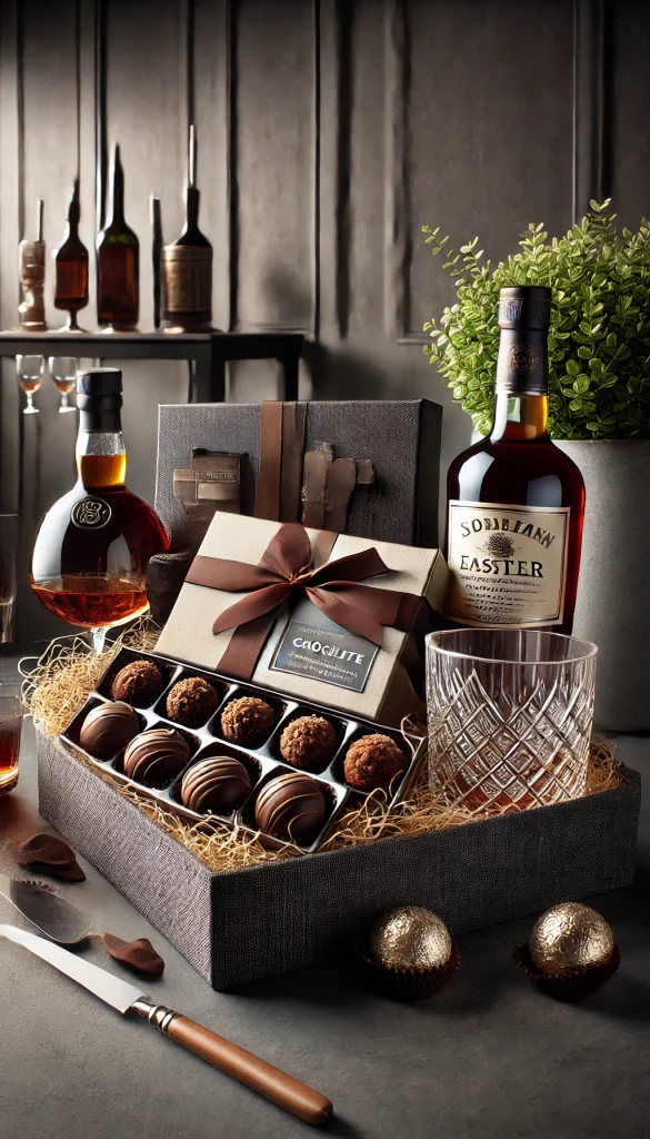 A refined adult Easter basket filled with gourmet chocolate truffles, a bottle of high-end whiskey, a set of fine crystal glasses, and a small decorative plant. The basket is neatly arranged with dark, elegant tones and a luxurious feel. The setting is a modern bar area with ambient lighting that highlights the items, creating an upscale, relaxing atmosphere.