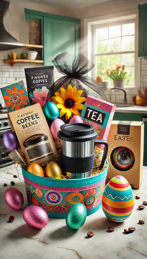 A vibrant and colorful adult Easter basket filled with a variety of flavored coffee beans, a stylish travel mug, a box of tea bags, and a decorative Easter egg. The basket is arranged with bright, cheerful colors and a few festive touches. The setting is a modern kitchen with natural lighting highlighting the items, creating an energizing and cozy atmosphere.