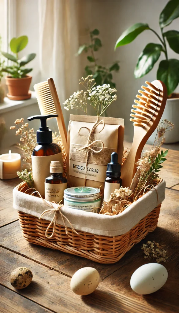 An eco-friendly adult Easter basket filled with natural beauty products, including a bamboo toothbrush, an organic body scrub, a wooden comb, and an essential oil roller. The basket is lined with brown paper and decorated with dried flowers. The setting is a light-filled room with indoor plants and a calm, earthy atmosphere.