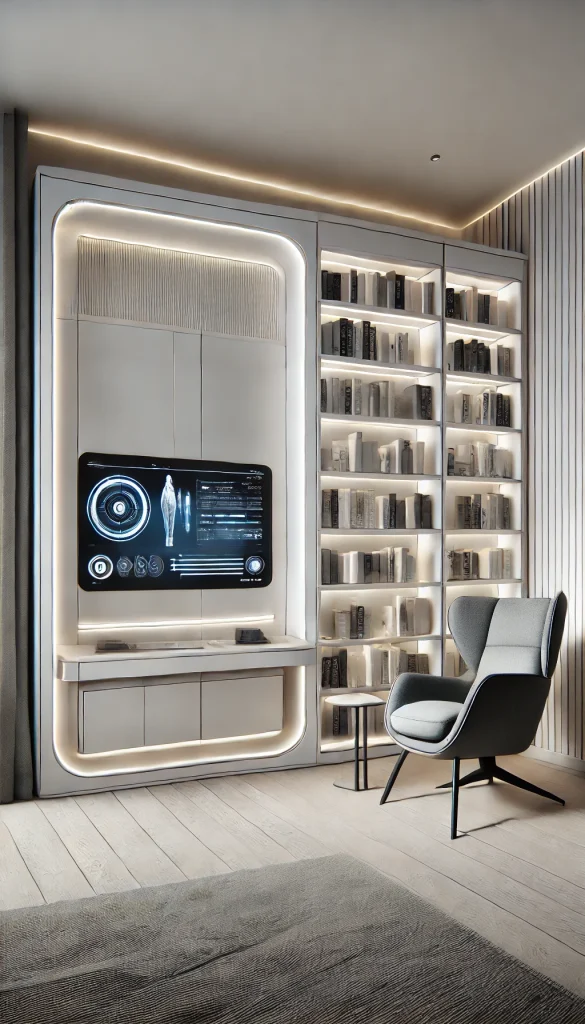 A sleek, high-tech library book nook with a futuristic touch, featuring smart bookshelves that adjust to the readerβs preference, ambient LED lighting, and a modern armchair. The nook has a minimalistic design, with clean lines and a soft color palette of white and grey, accented with metallic details. The space is cozy yet high-tech, offering a perfect reading experience in the digital age.